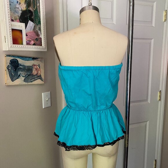 CRAFTY COUTURE Turquoise Floral Y2K Smocked waist Strapless TANK Shirt *X-SMALL* - Picture 4 of 5